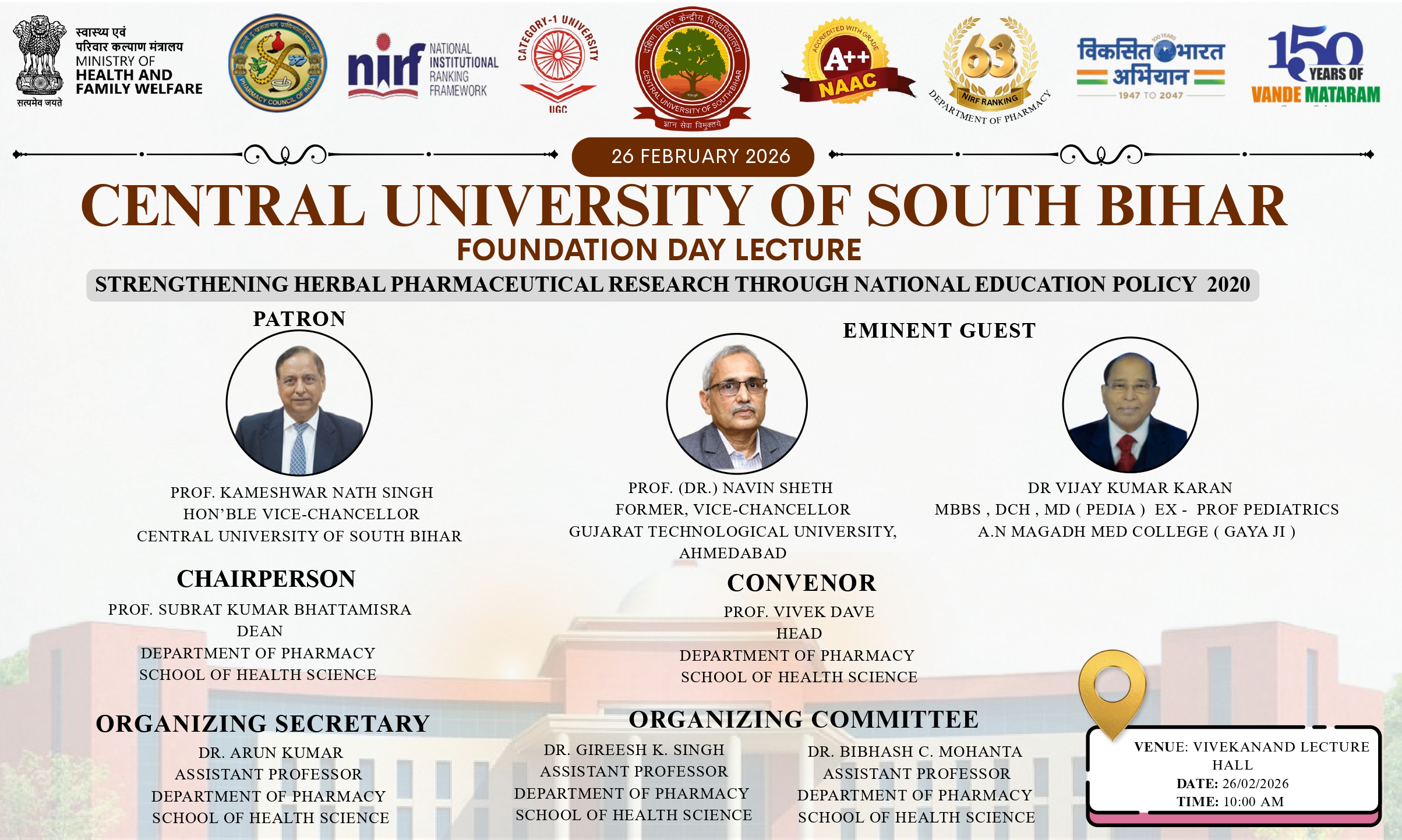 Foundation Day Lecture organized by the School of Health Science, Department of Pharmacy, on 26th February 2026 (Thursday) at 10:00 AM