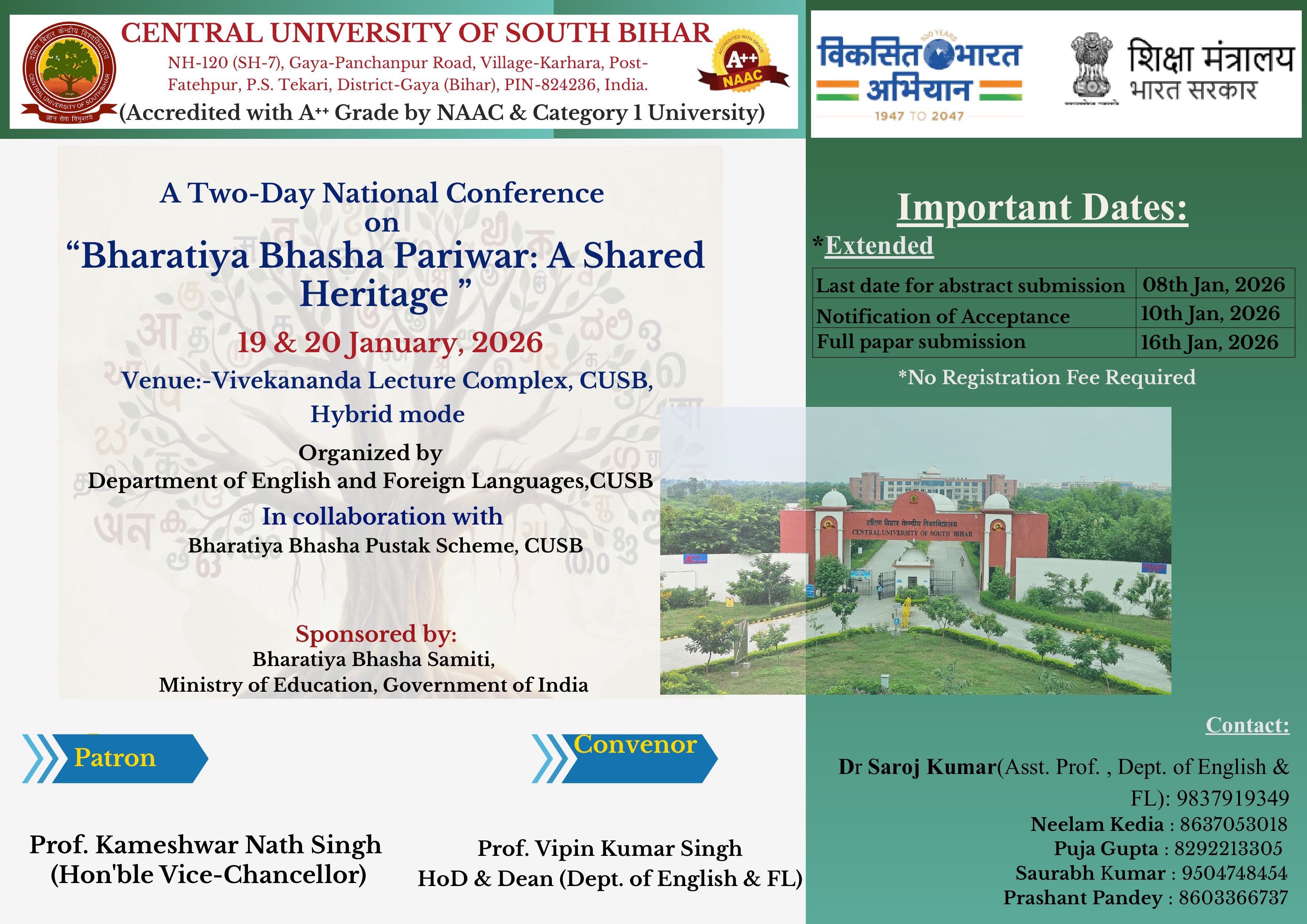 A Two-Day National Conference  on  “Bharatiya Bhasha Pariwar: A Shared  Heritage ”