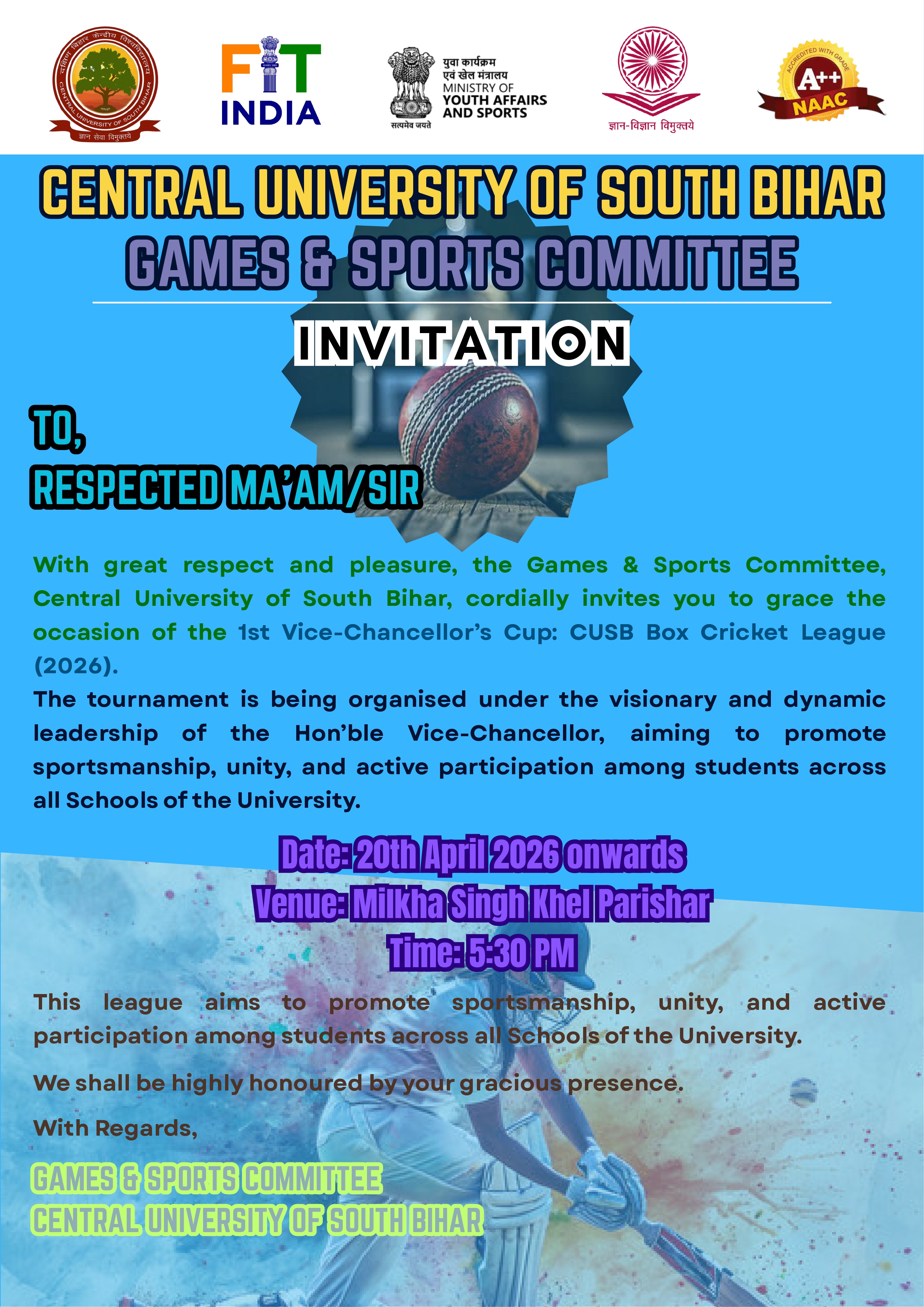 1st Vice-Chancellor’s Cup: CUSB Box Cricket League (2026) [20th April, 2026 @ 5:30 PM]